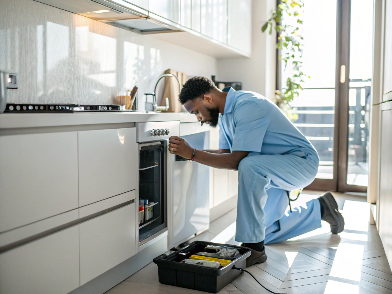Technician inspecting a modern kitchen appliance