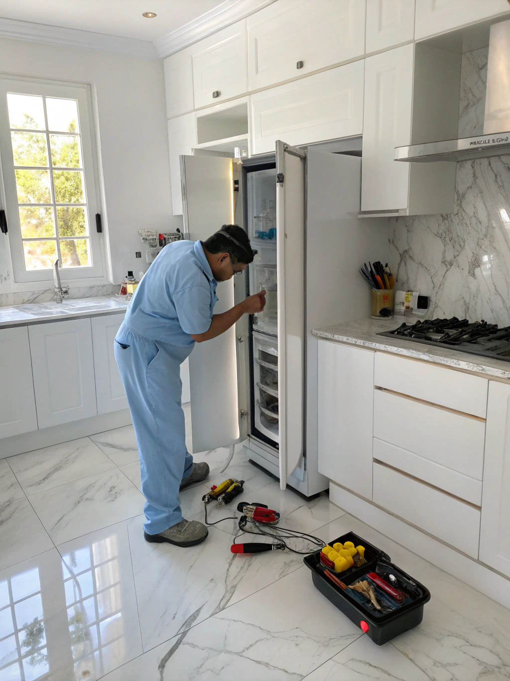 Technician repairing a modern kitchen refrigerator