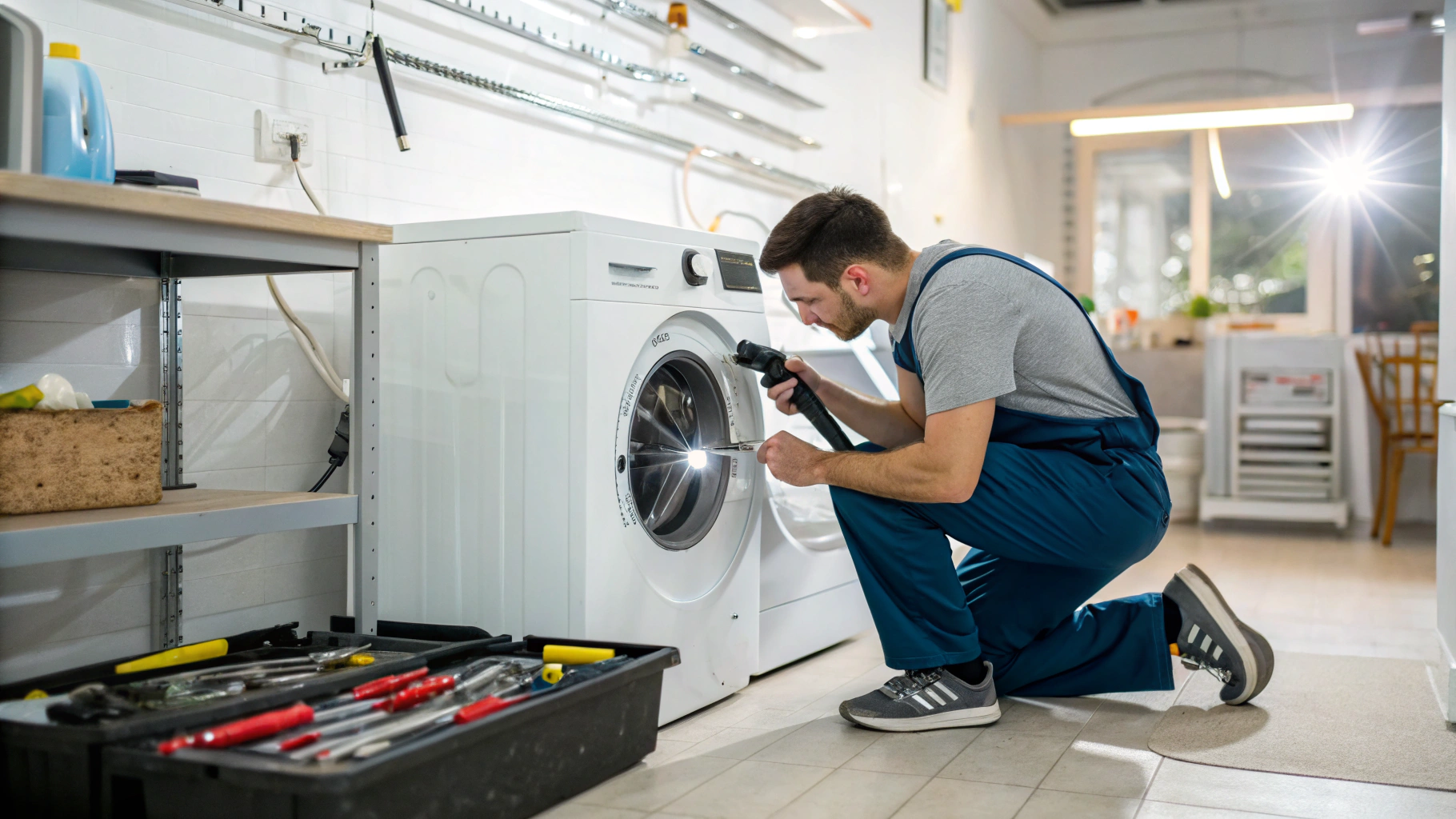 Professional technician repairing a modern washing machine