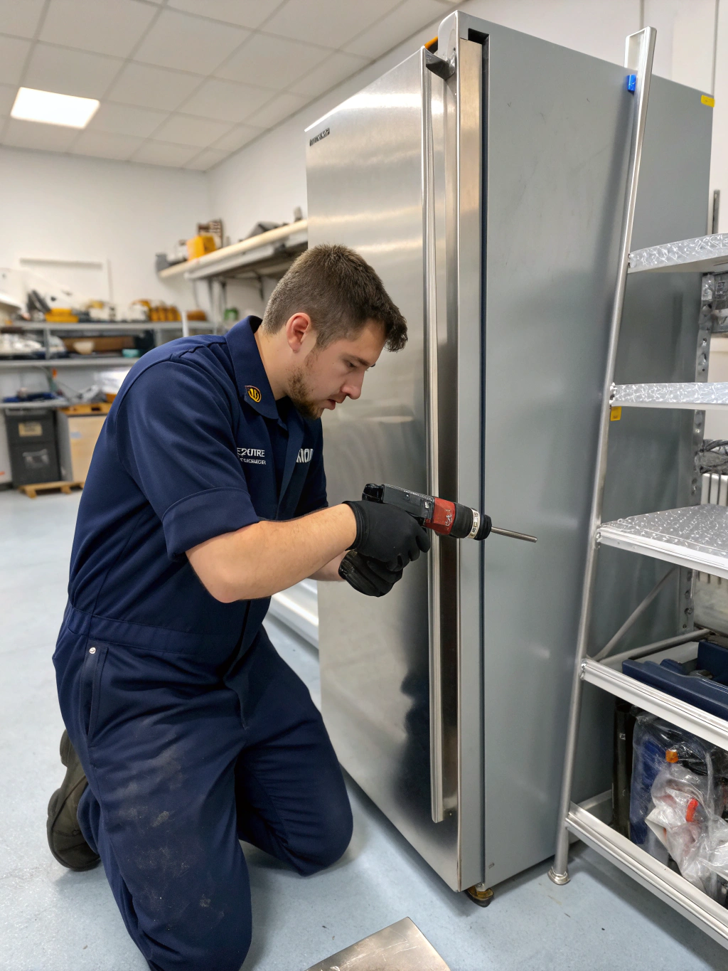 Technician repairing a modern kitchen refrigerator with professional tools