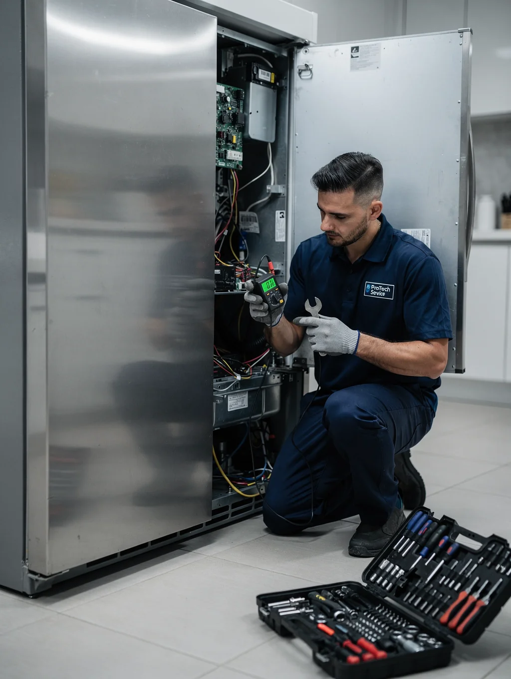 Technician performing precision repair on a modern kitchen appliance