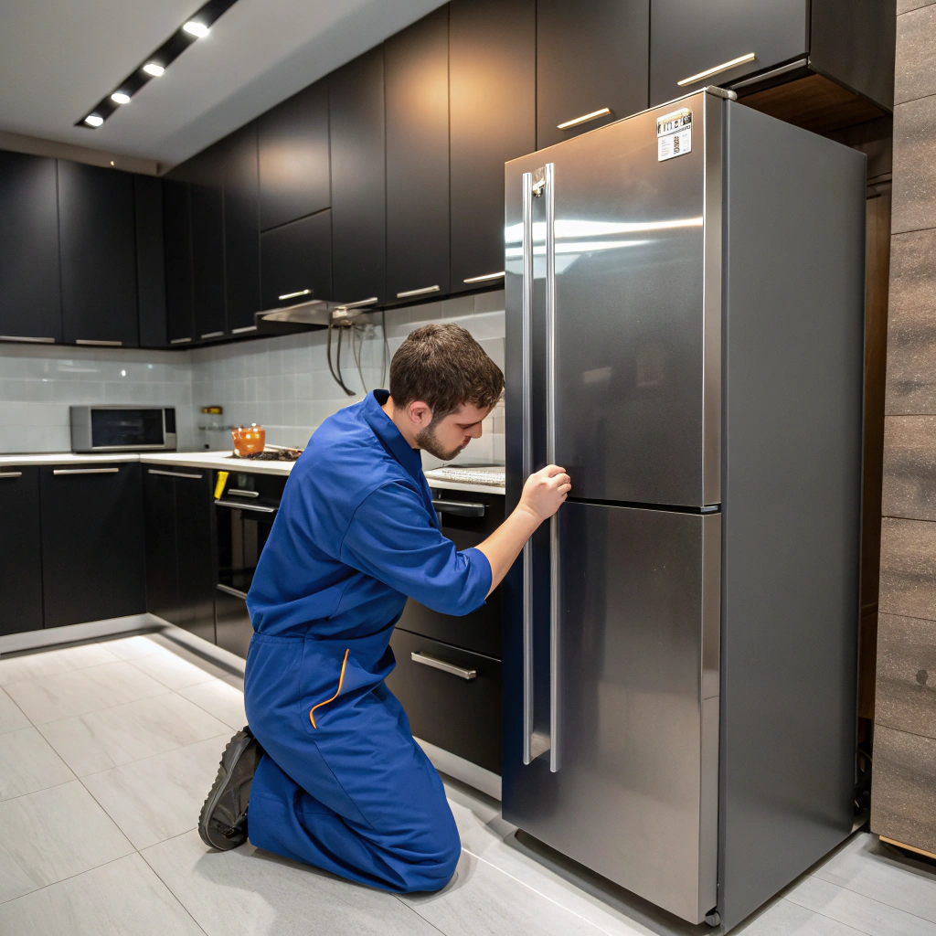 Professional appliance repair technician working on a refrigerator