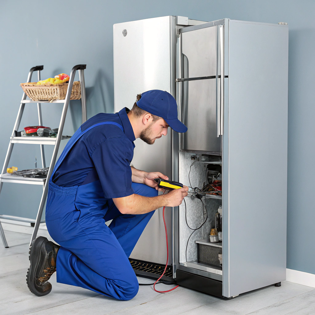 Repair technician fixing a kitchen refrigerator