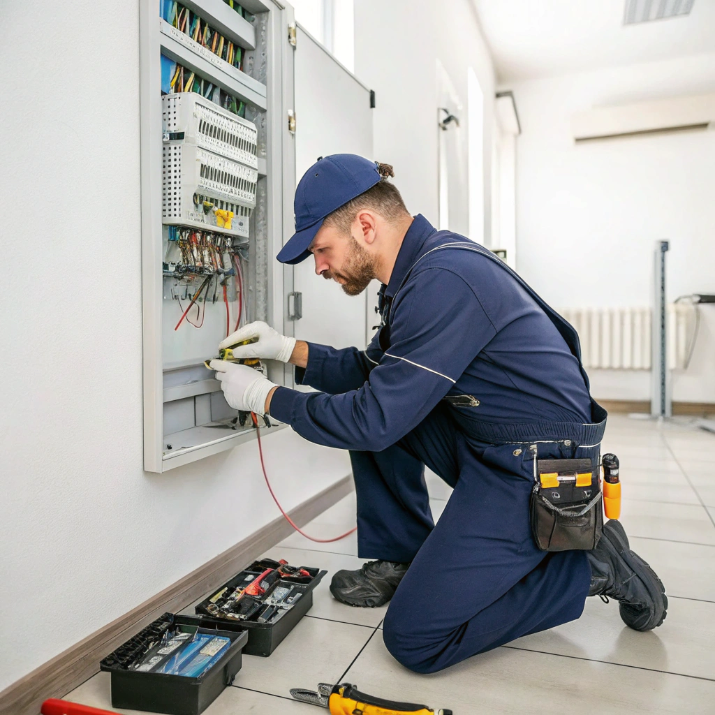 Professional electrician working on a home electrical panel