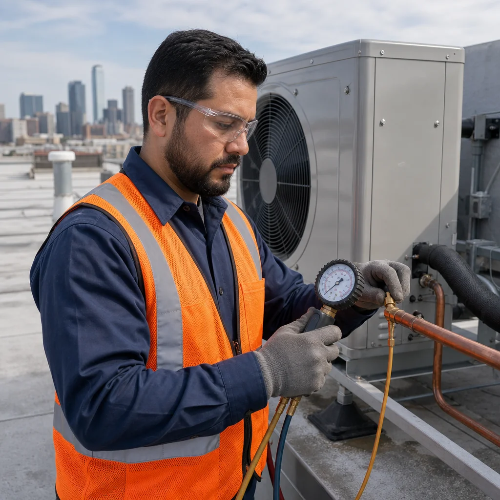 Technician inspecting an HVAC unit in a residential home