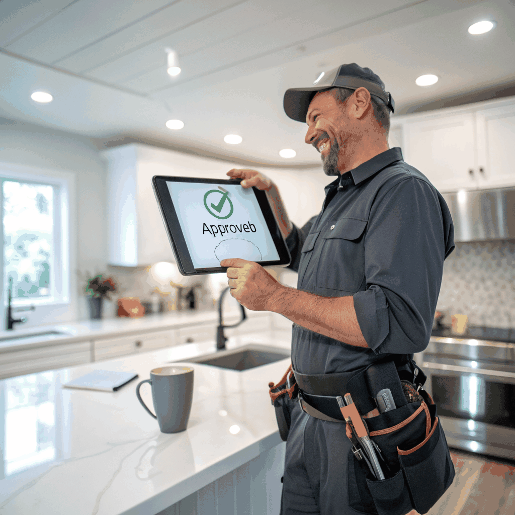 Happy homeowner standing in a modern kitchen