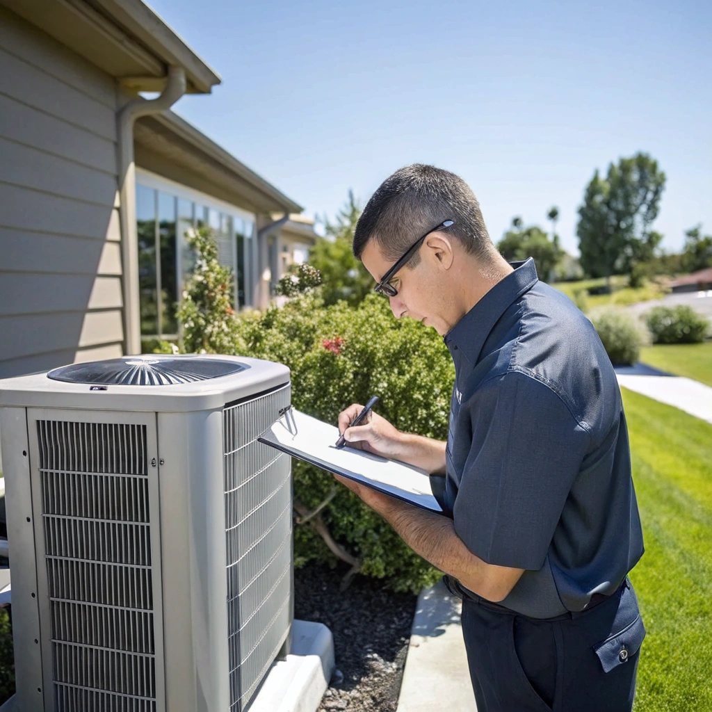 Technician servicing an outdoor HVAC unit