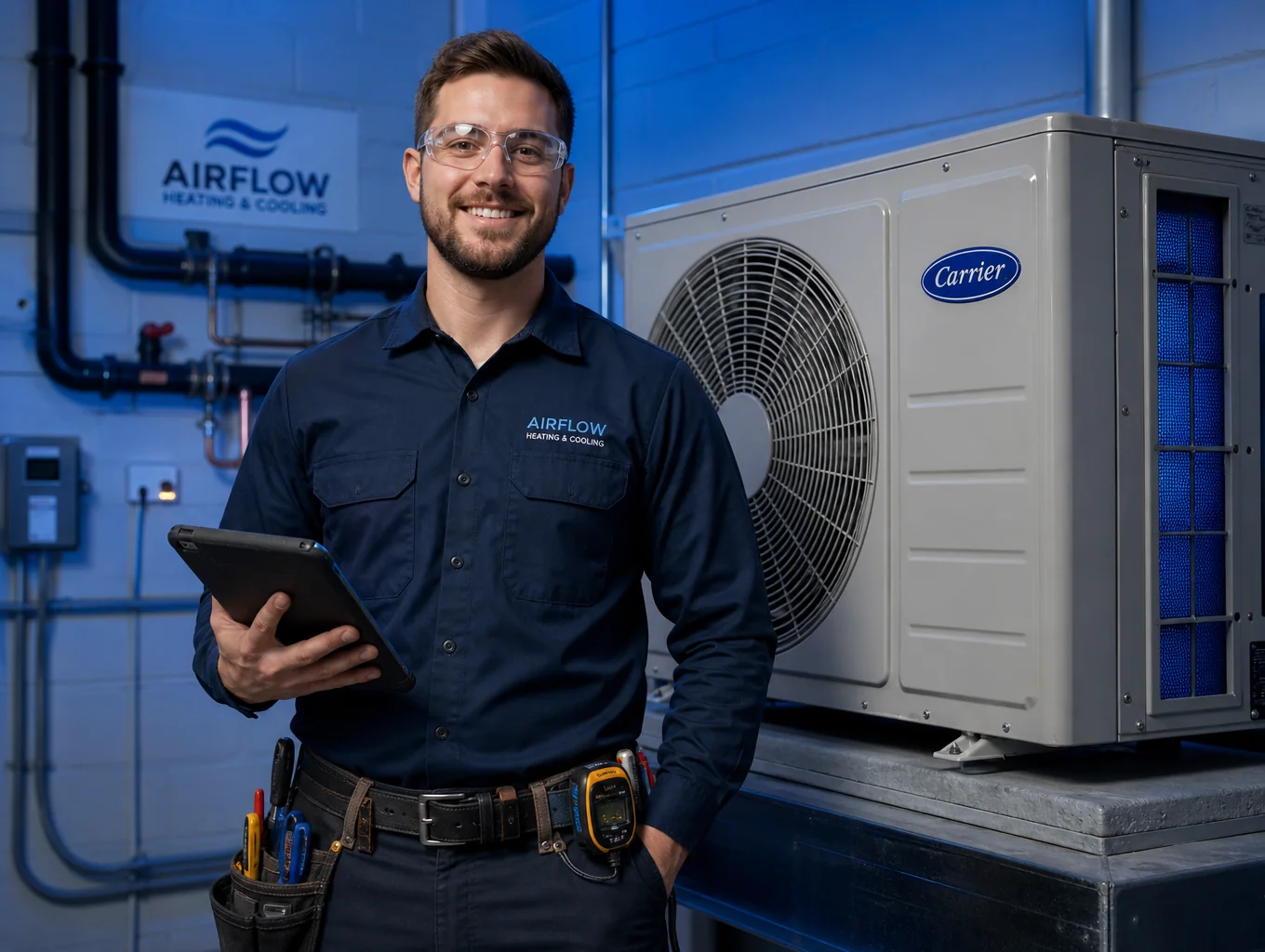 Technician displaying professional certification badge