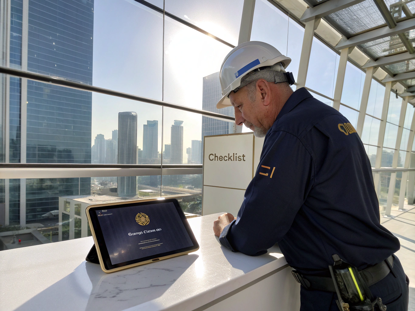 Professional contractor reviewing safety documentation
