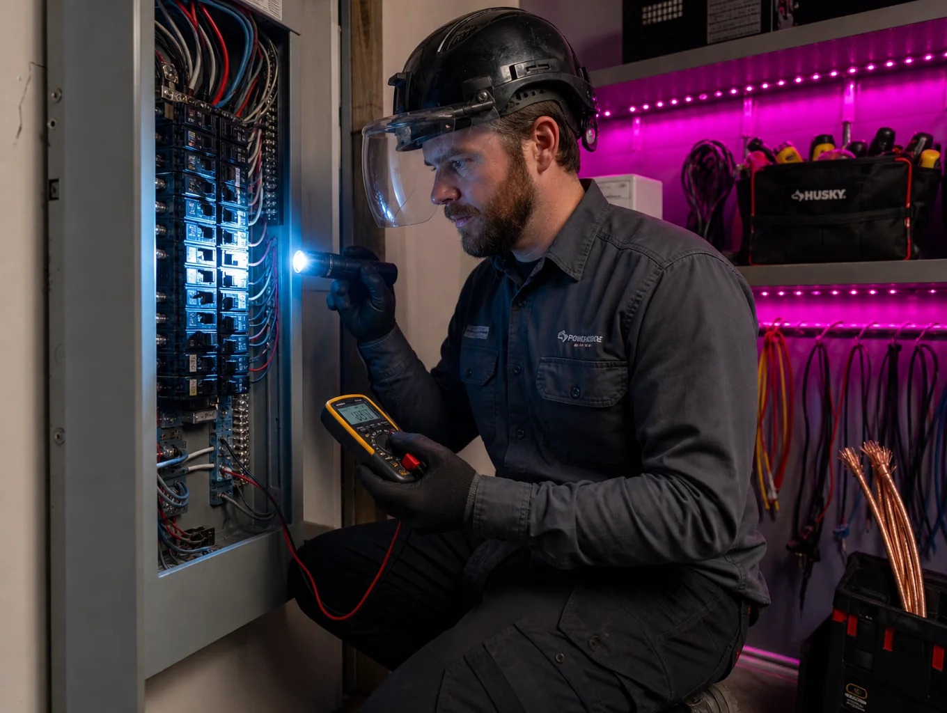 Master electrician working safely at electrical panel