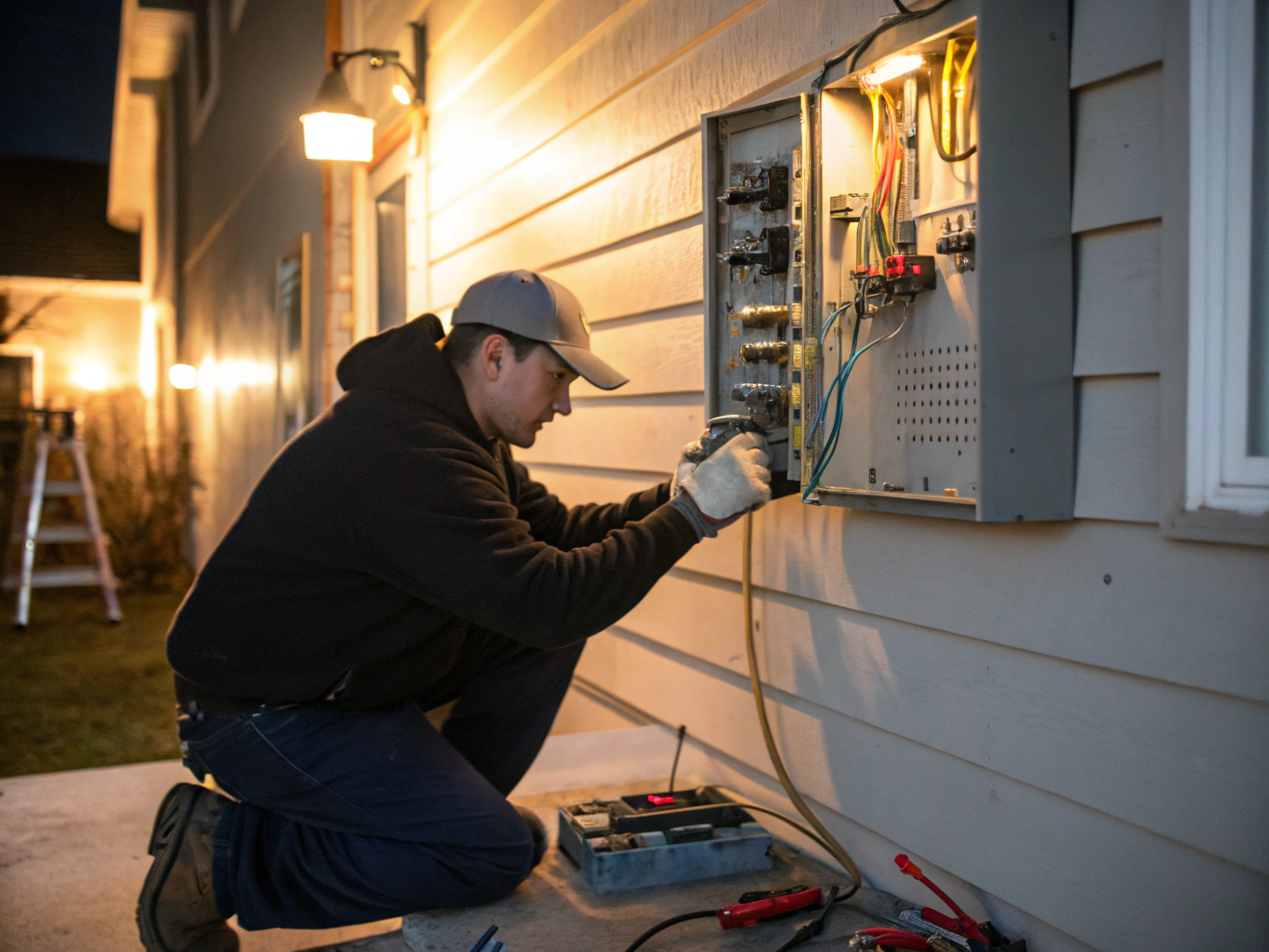 Certified electrician working on a home electrical panel with safety gear