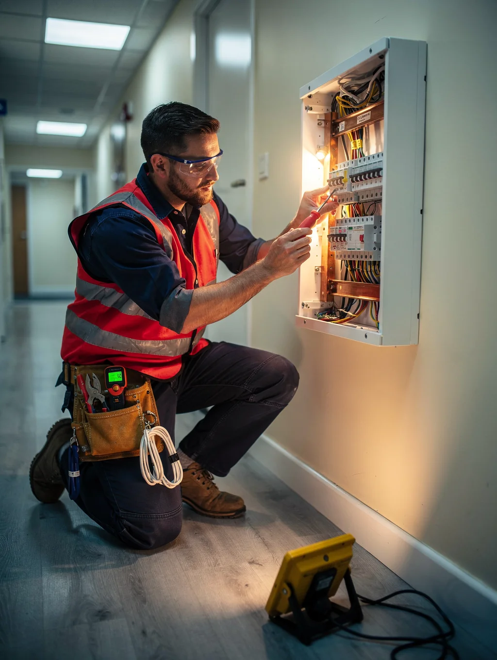 Electrician working on a home electrical panel