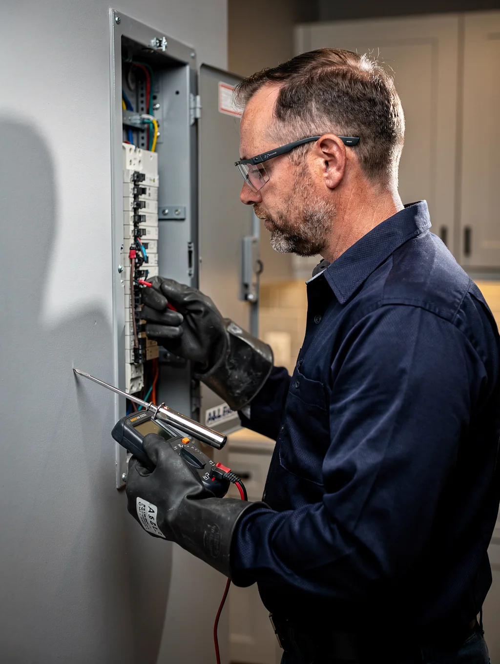 Electrician working on a residential circuit breaker panel