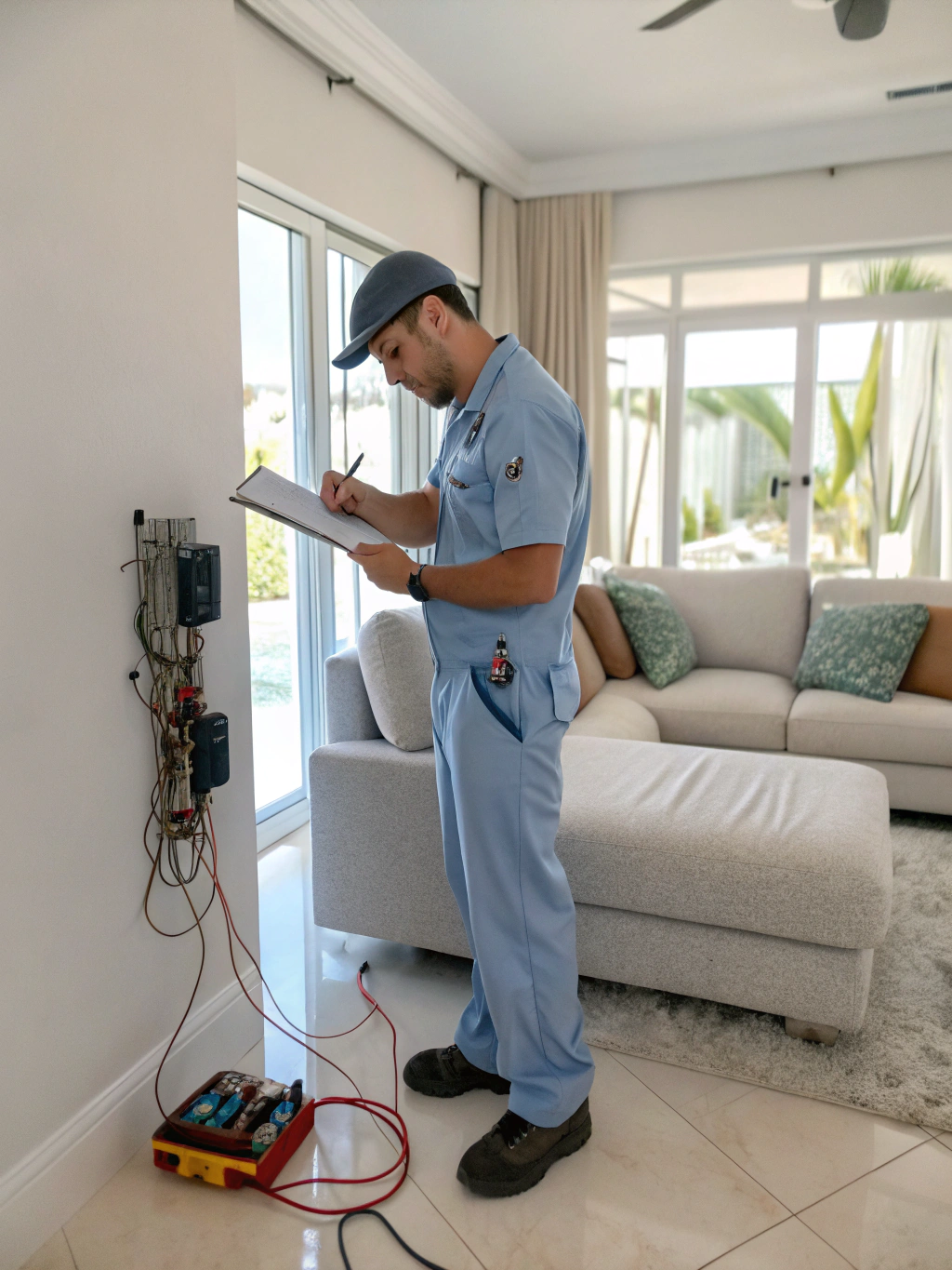 Technician performing a routine home maintenance inspection