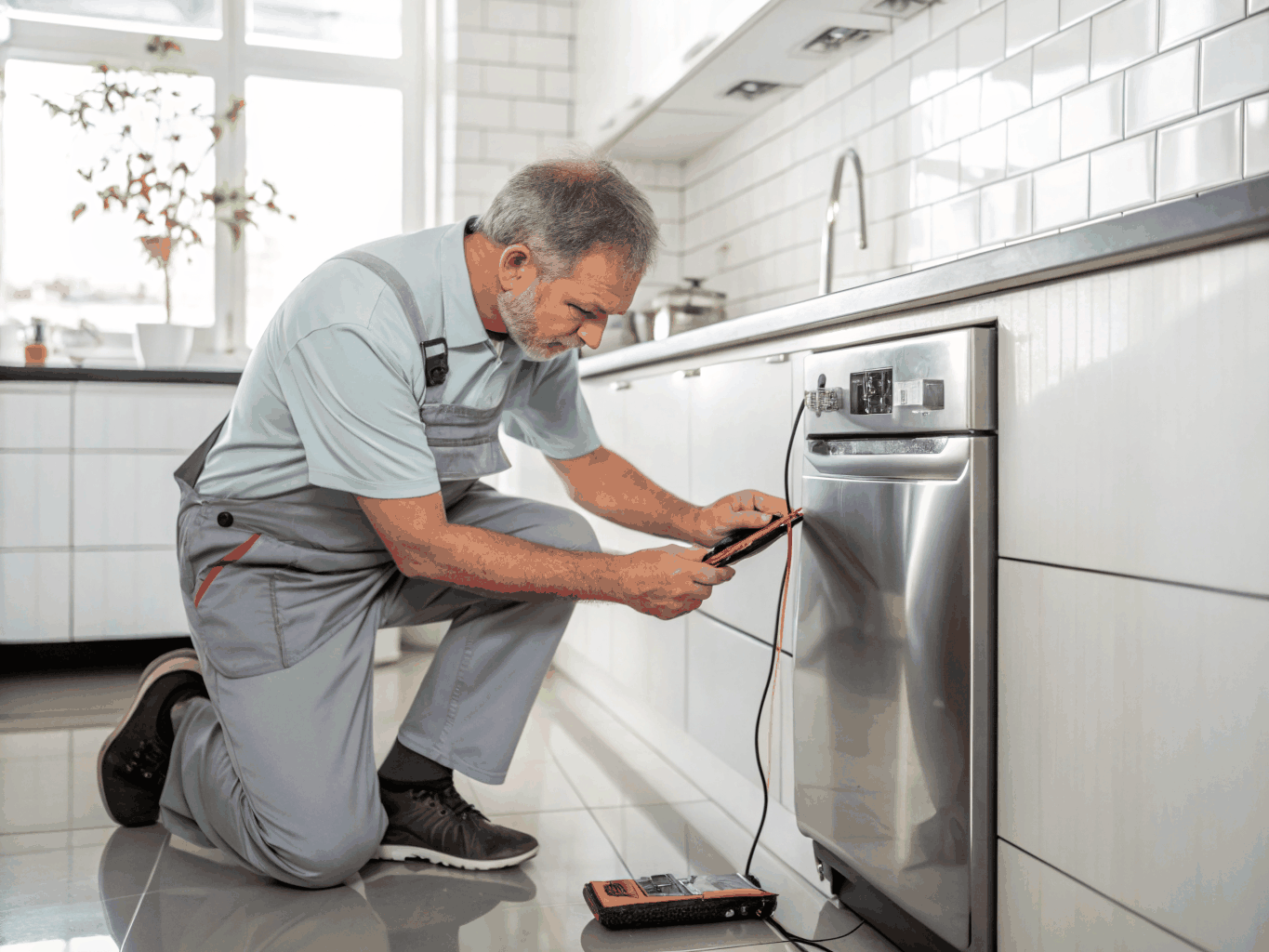 Professional technician repairing a modern kitchen appliance with precision tools