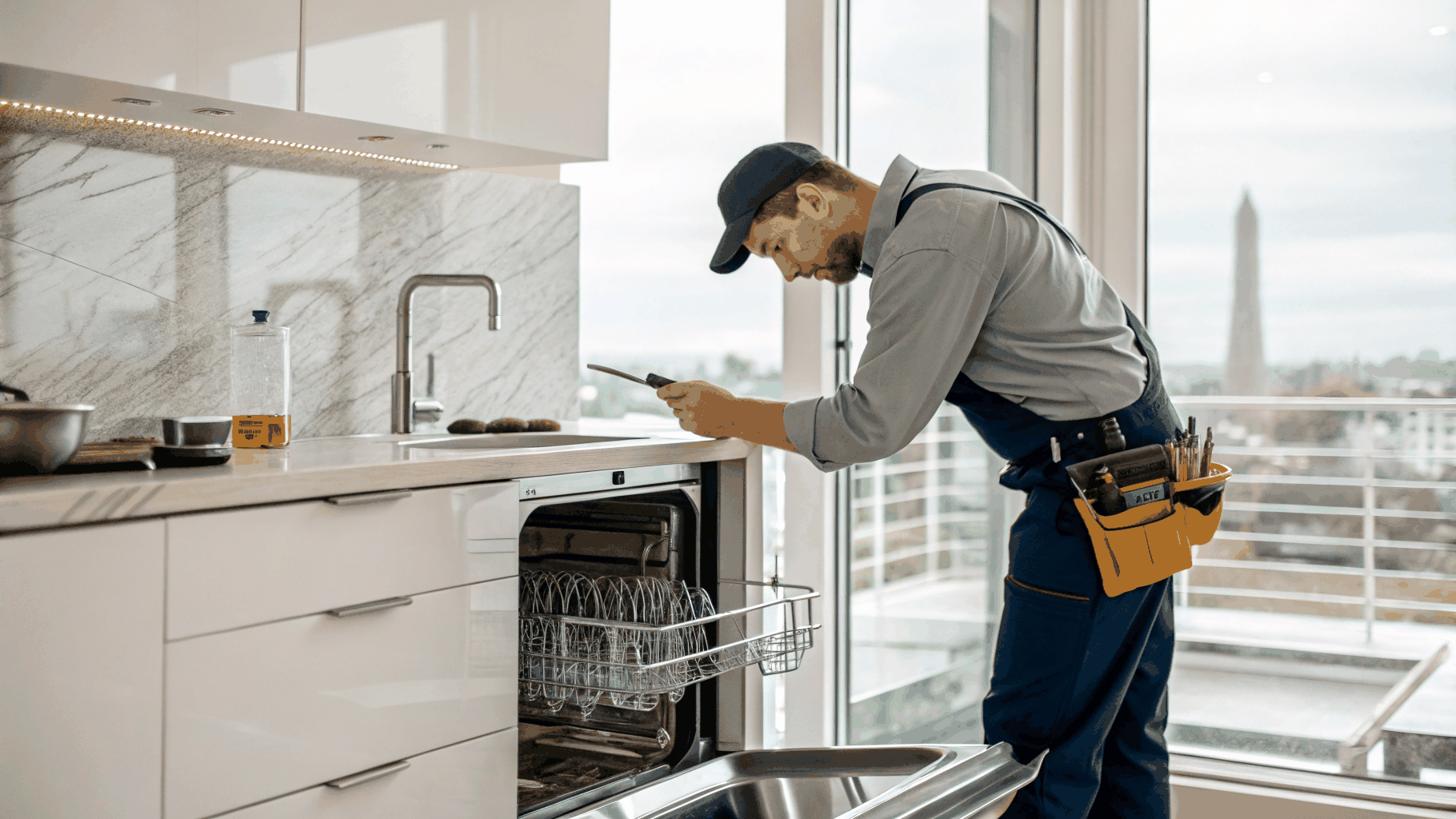 Professional technician performing home appliance repair with precision tools