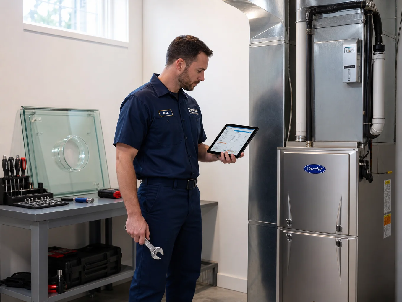 HVAC specialist inspecting a residential climate control unit for optimal efficiency