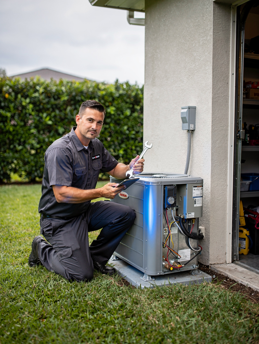 Technician servicing an outdoor HVAC condenser unit