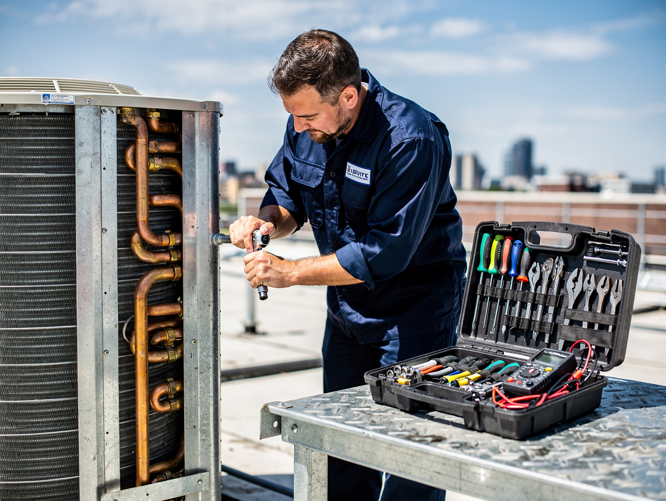 Technician servicing a residential HVAC condenser unit