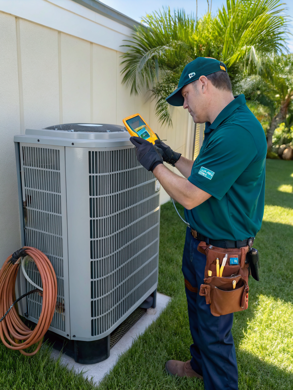 Professional HVAC technician inspecting an outdoor condenser unit