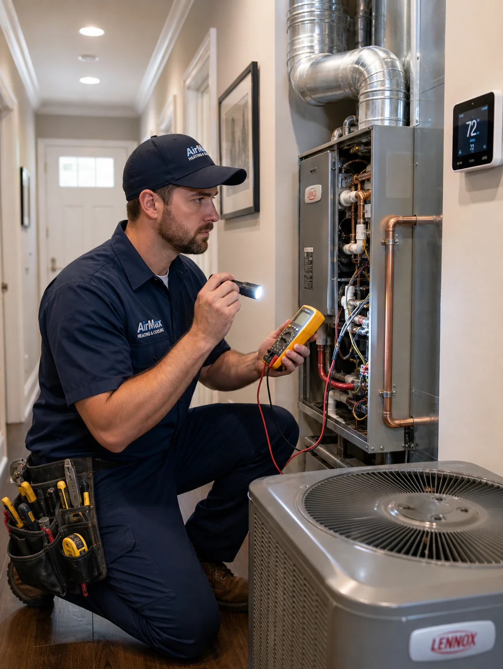 Technician performing a routine home system inspection