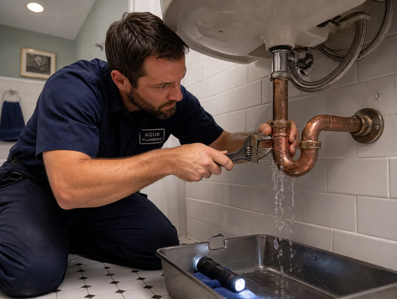 Professional plumber working on pipes under a sink