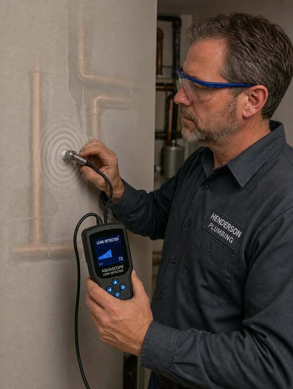 Plumber using professional leak detection equipment on residential pipes