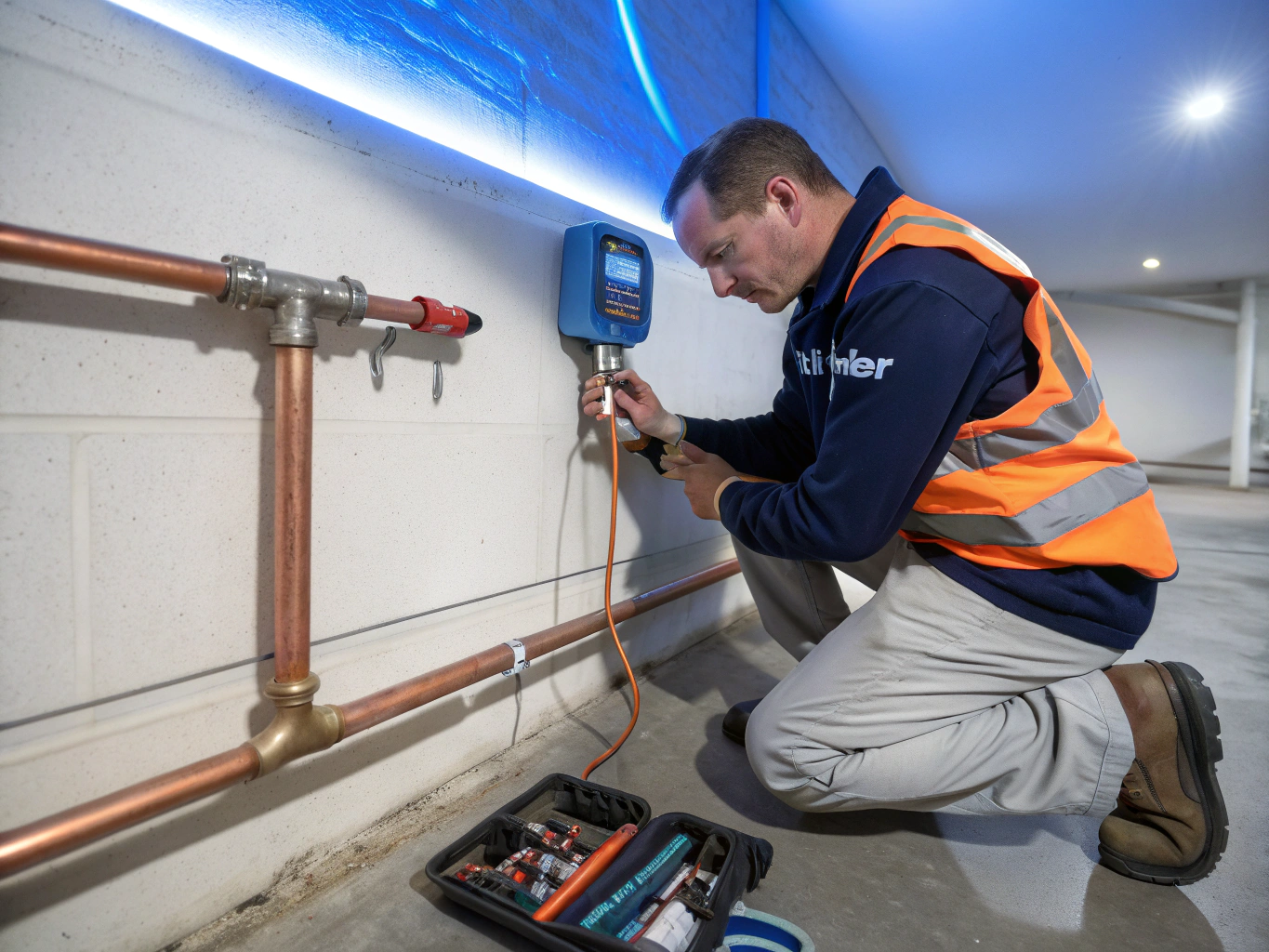Plumber installing new copper piping in a home utility room