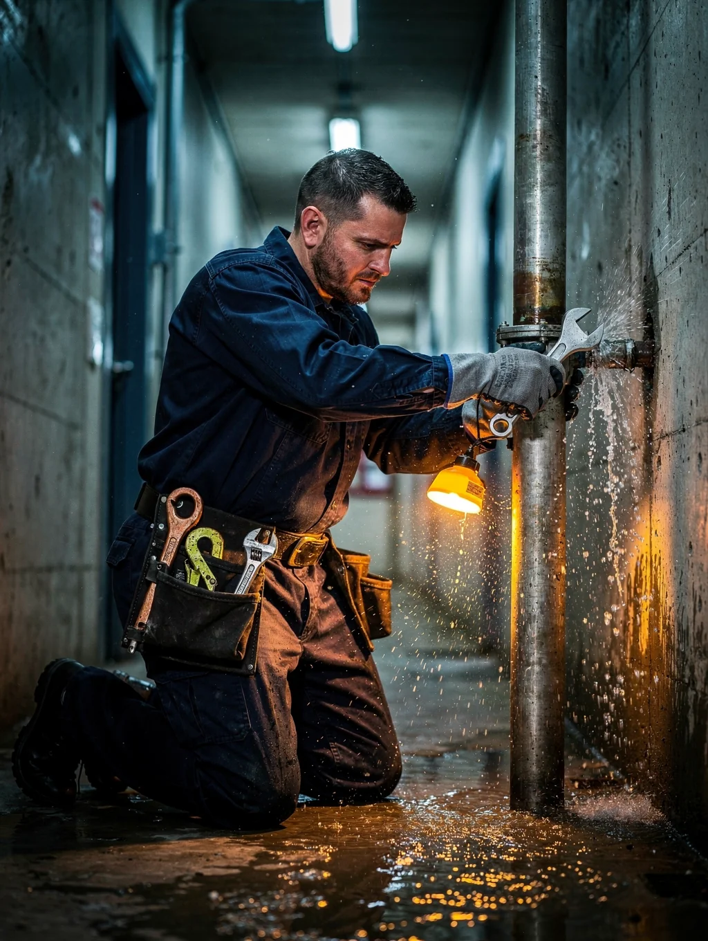 Plumber working on residential pipe installation