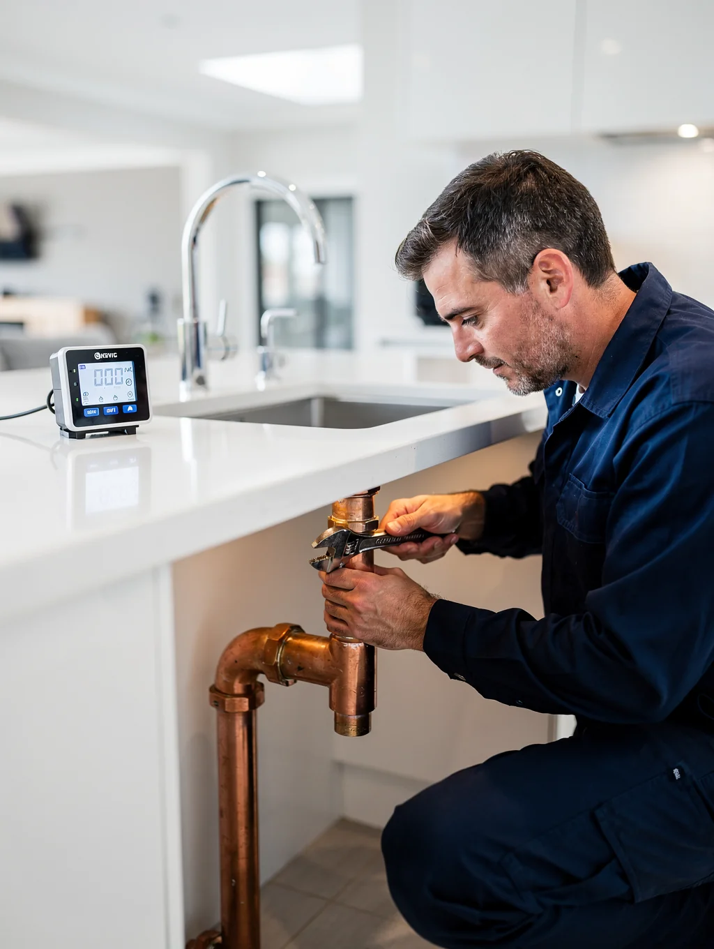 Plumber working on residential pipe installation under a kitchen sink