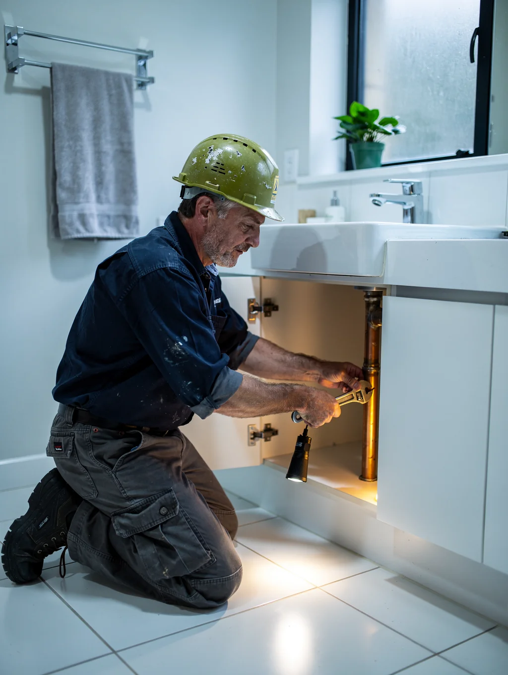 Plumber working on residential pipe installation