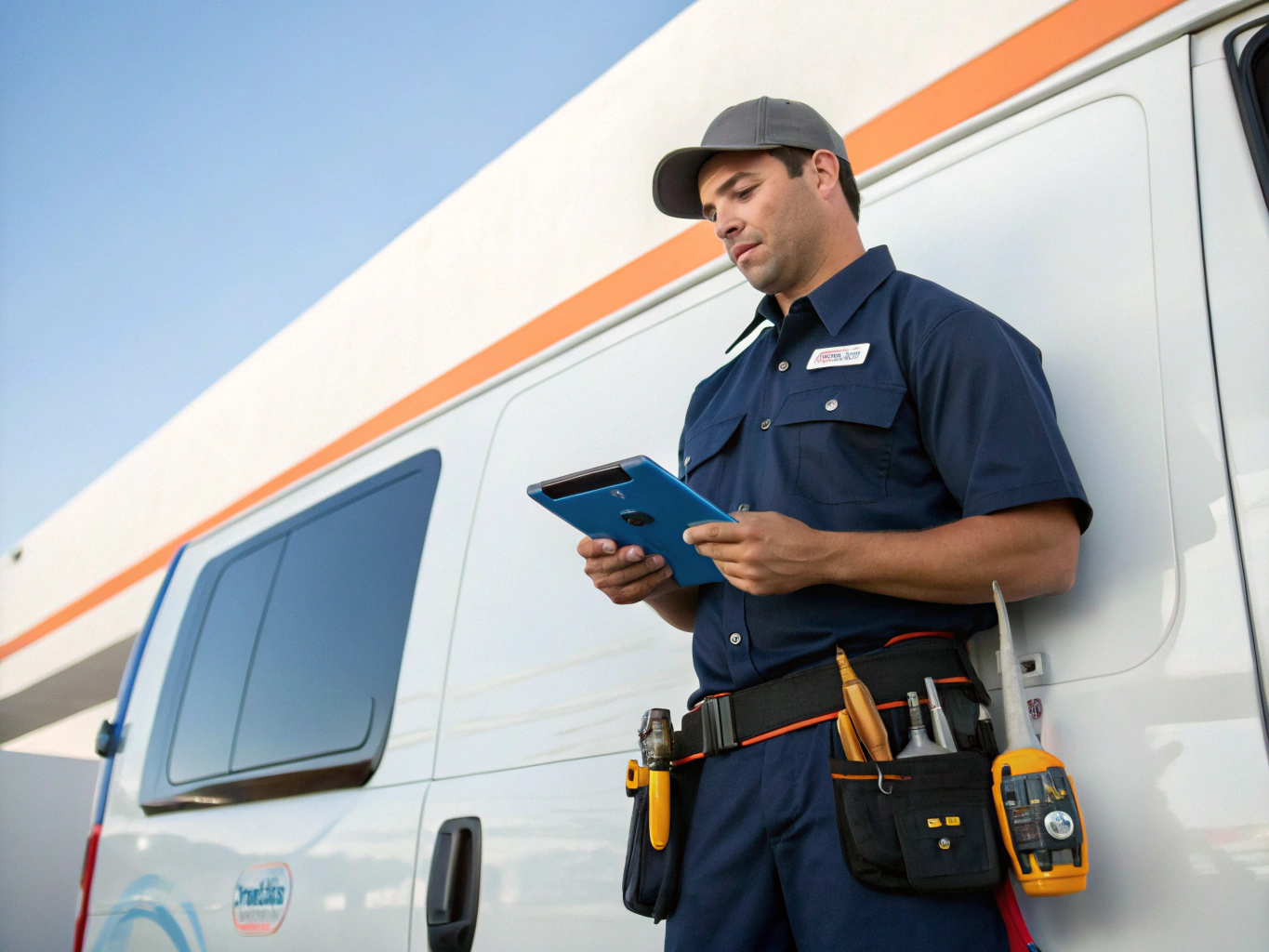 Professional HVAC technician reviewing a digital dispatch order on a tablet while standing in front of a service van