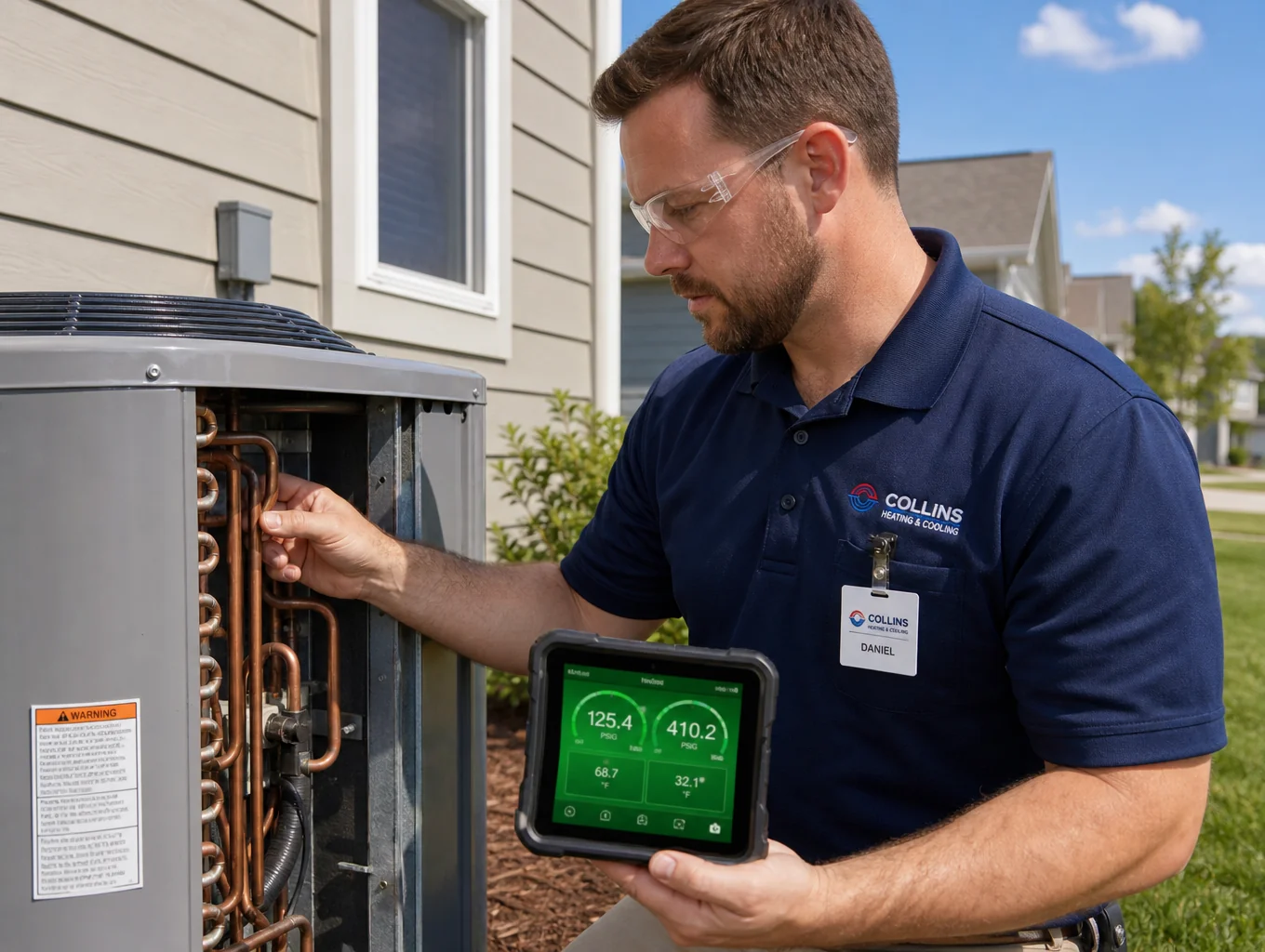 Professional home service technician inspecting a residential HVAC unit