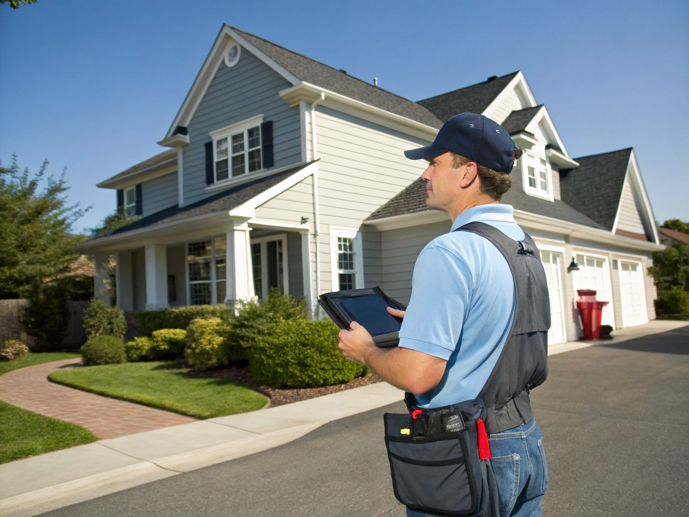 Professional technician reviewing service dispatch details on a tablet at a residential job site