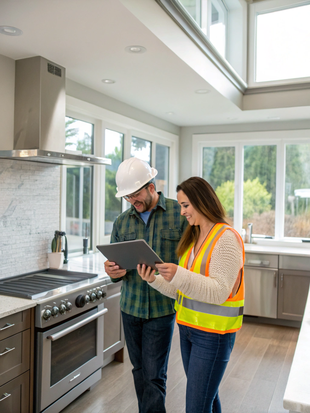 Professional contractor using a tablet to manage a home service booking appointment