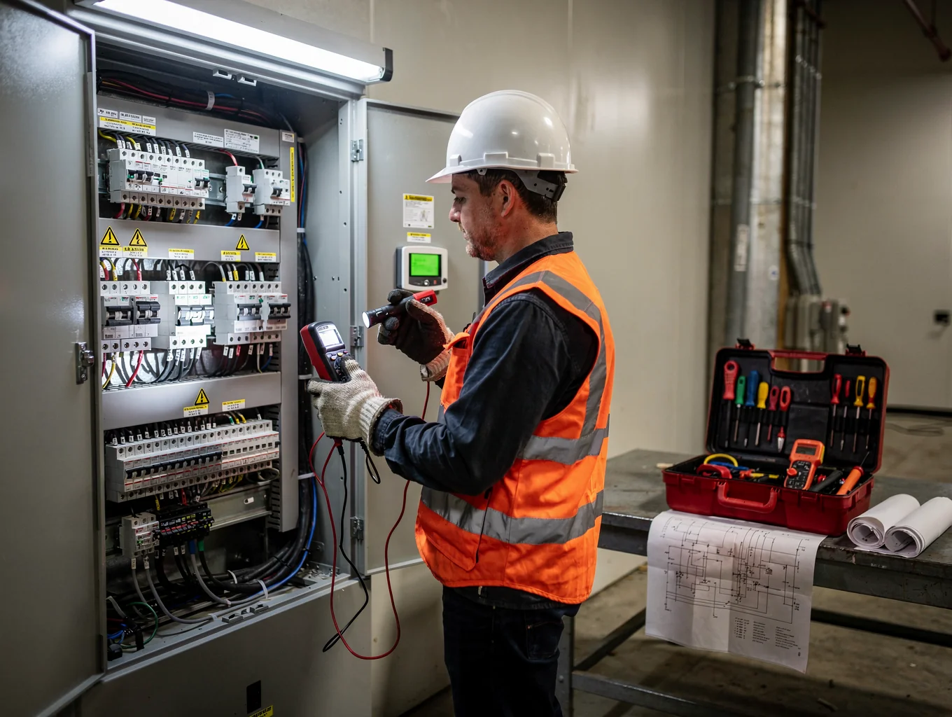 Electrician testing residential circuit breaker panel