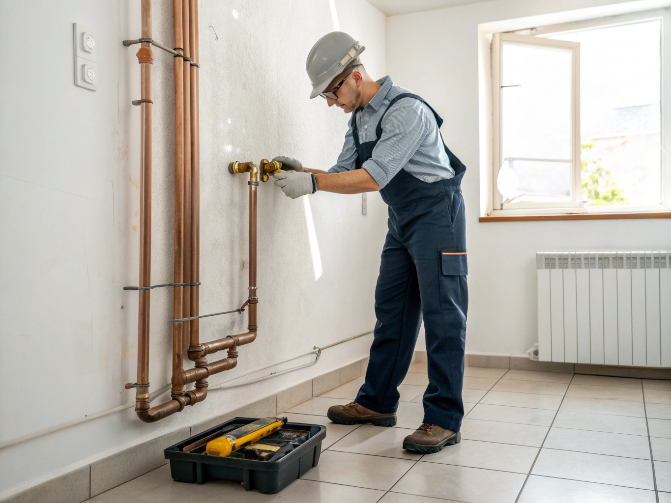 Professional plumber working on residential pipe system