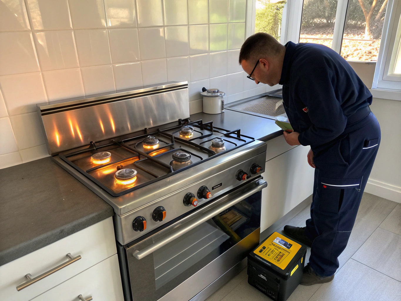 Expert technician servicing a professional gas range oven