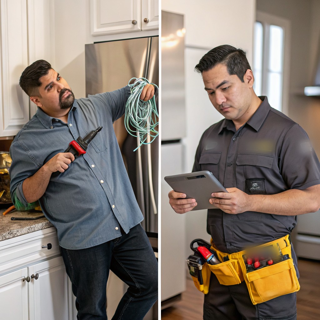 Homeowner and appliance technician in a kitchen