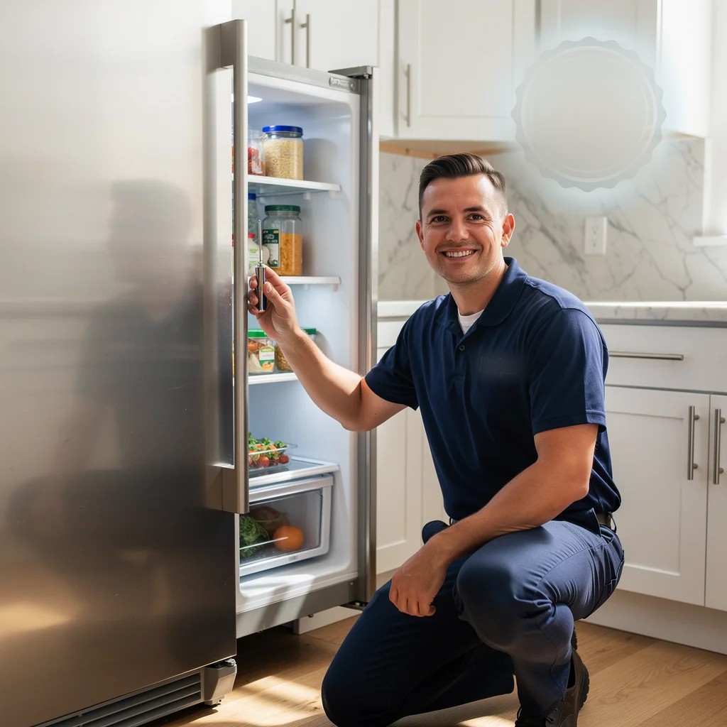 Appliance technician kneeling beside an open refrigerator in a kitchen