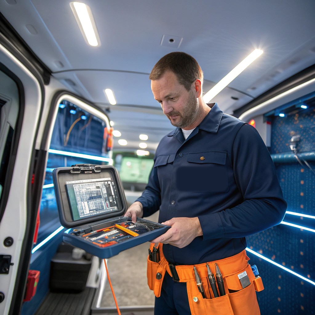 Appliance technician running diagnostics inside a service van