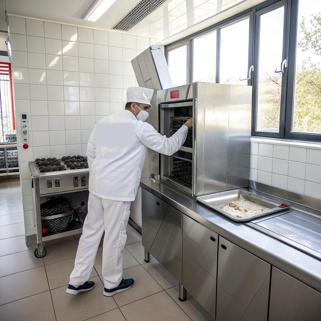 Commercial kitchen worker checking a combi oven