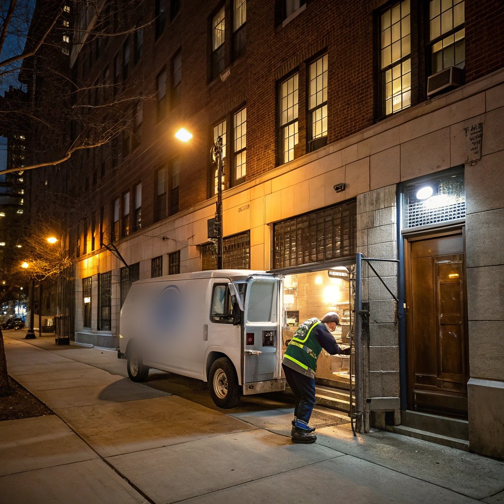 Service van parked outside a city building at night during a service call