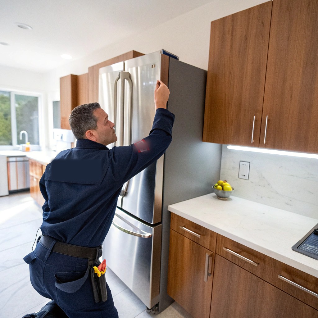 Technician checking the top of a stainless refrigerator