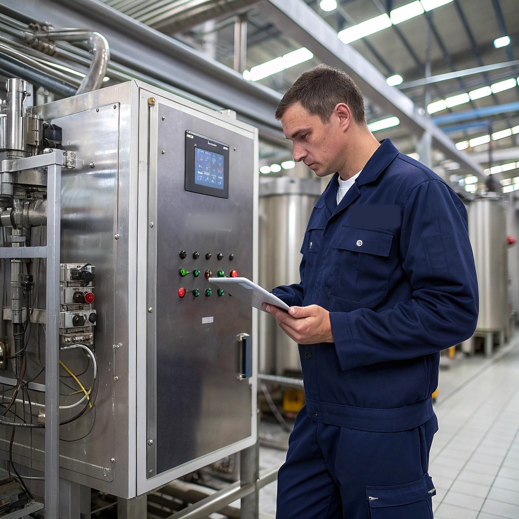 Technician reviewing an industrial equipment control panel